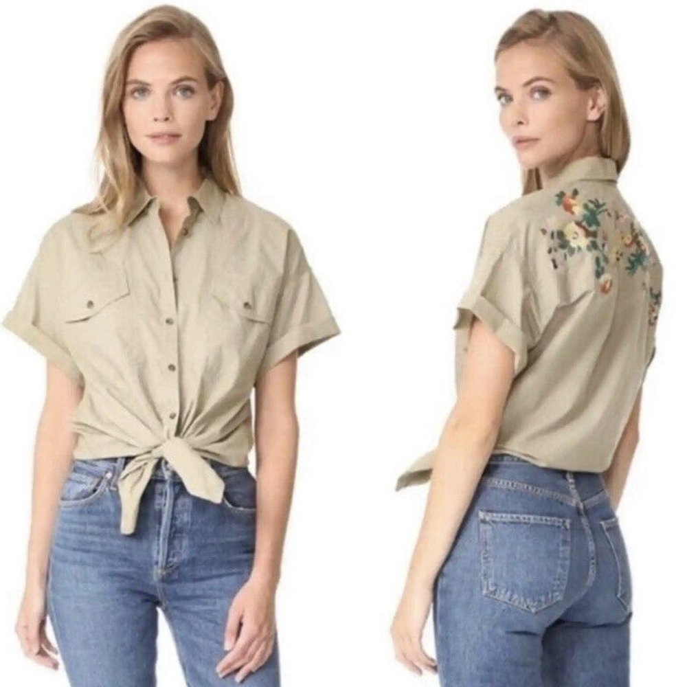Madewell khaki embroidered tie-front button-up shirt